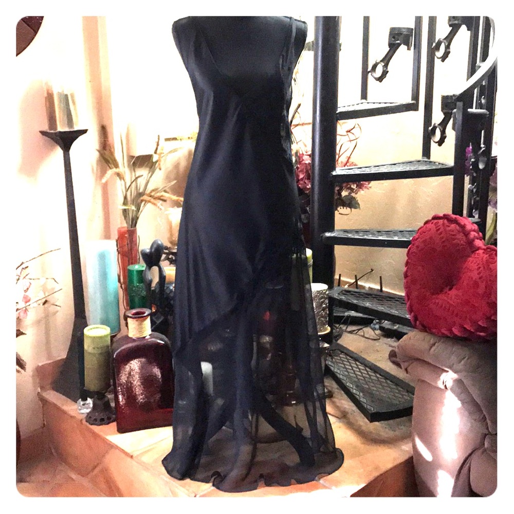 🔥SEXY🔥Frederick’s Sexy Sheer Chiffon Lace Black Long Maxi Nightgown Slip Dress
